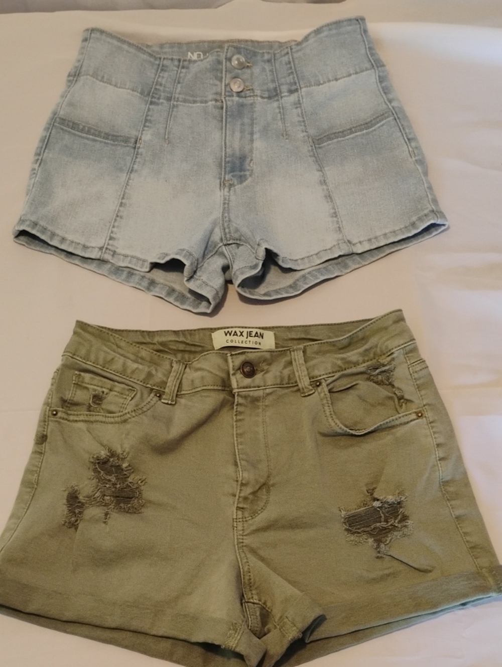 Bundle: Wax Jean Distressed Olive Shorts (M)No Boundaries High Rise Light Wash 9
